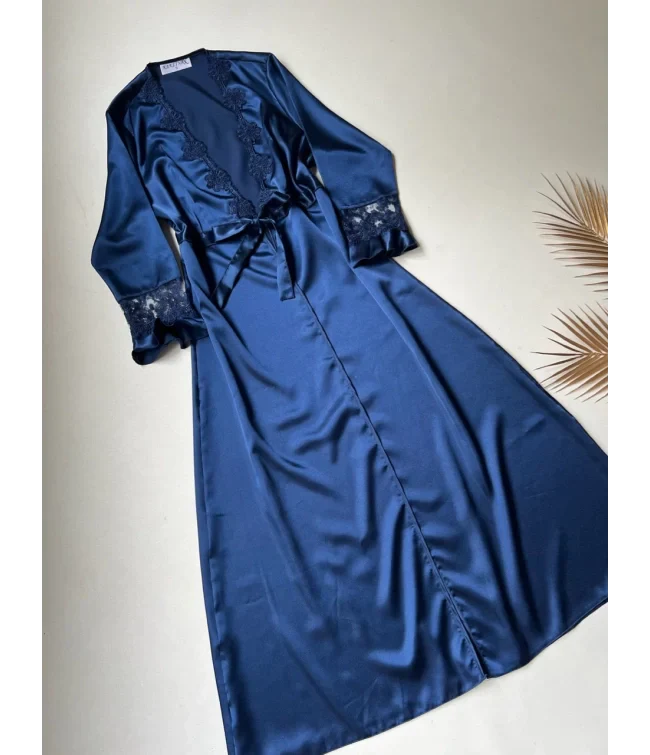 BLUE 6 PCS LONG SLIT SILK NIGHTY SET