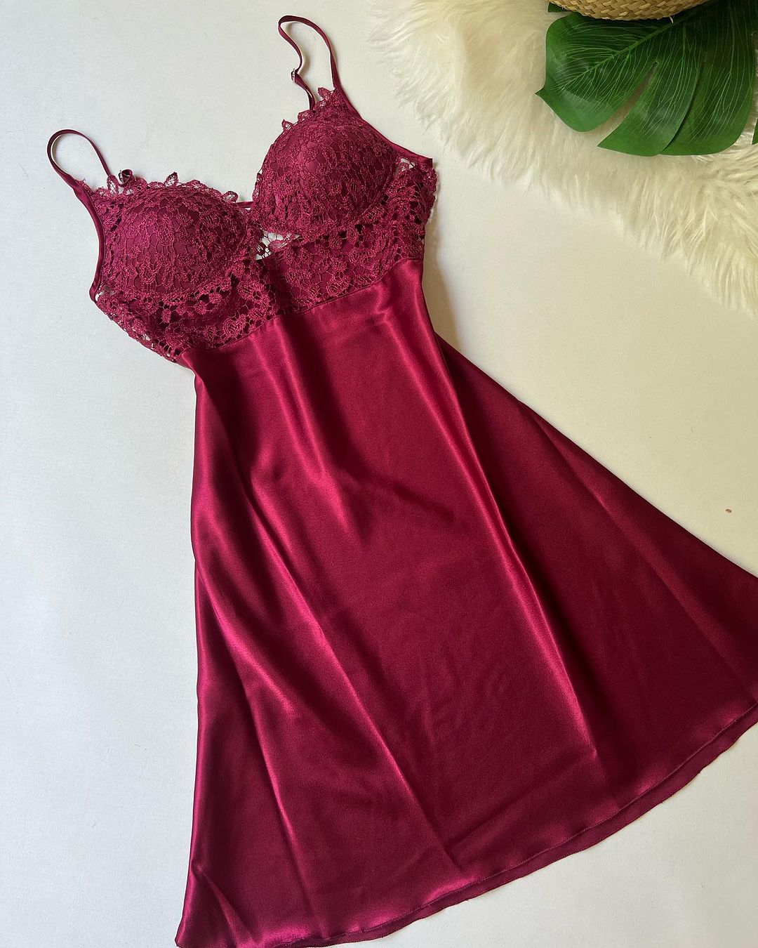 Lace Detailed 6-Piece Satin Nightgown Dressing Gown Nighty Set Maroon