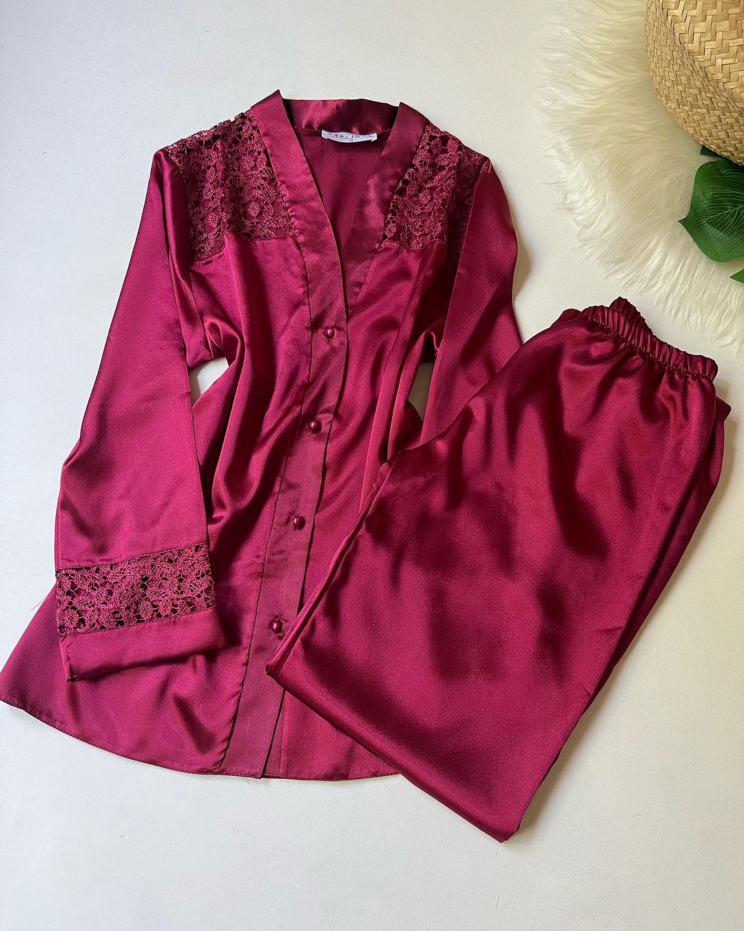 Lace Detailed 6-Piece Satin Nightgown Dressing Gown Nighty Set Maroon