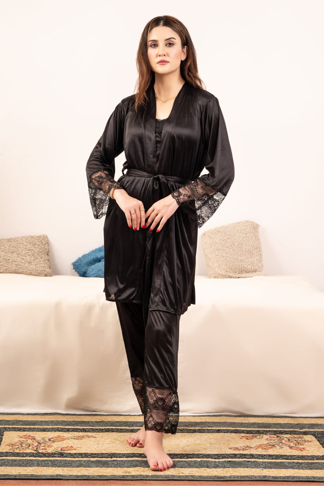 Cozy Attire 5 PCS LONG SLIT SILK NIGHTY SET